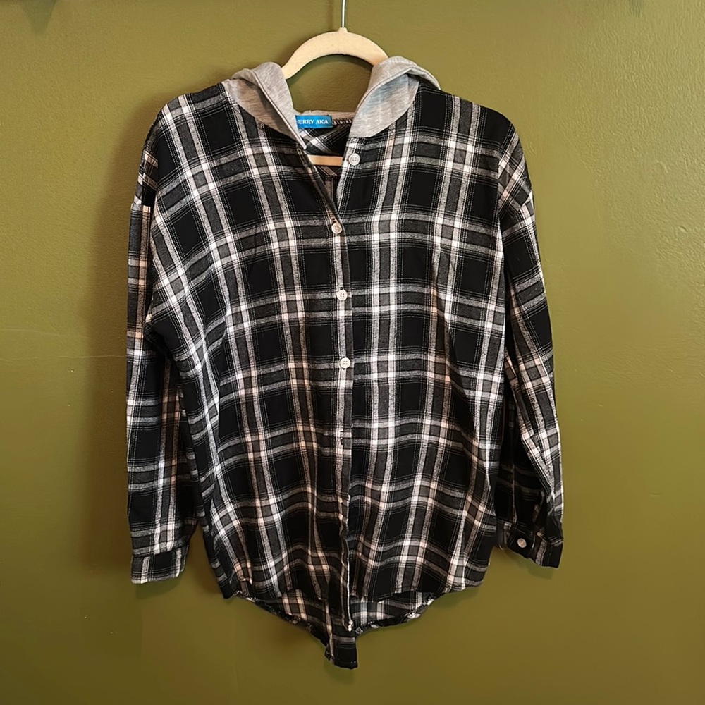 Cherry AKA size S flannel with gray hood